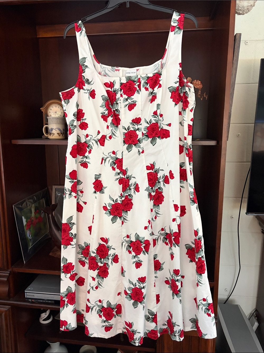Ava & Viv White Midi Dress with Red Rose Print